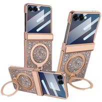 Glitter Faux Leather For Samsung Z Flip 7/6 Phone Case with Magnetic Rotatable Kickstand, Anti-peep Film Protective Hinge Cover Galaxy Z Flip7