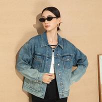 Women's Polo Collar Long Sleeve Jacket Loose Fit Vintage Washed Oversized Denim Coat S