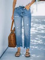 Women's Mid Rise Straight Leg Jeans Loose Fit Elegant Commuter Ripped Washed Denim Ankle Pants Spring Casual Bottoms XS mėlyna