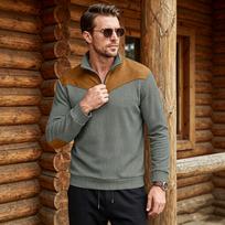 Men's Retro Half Zip Stand Collar Sweatshirt with Patchwork Long Sleeve XXL