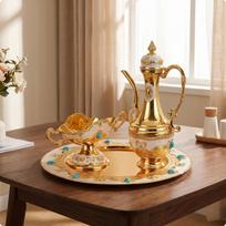 Vintage Teapot Set with Tray Toned Drink Serving Raised Detailing Round Metal Style 4