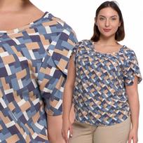 Women's Plain Viscose Short Sleeve Patterned Blouse with Slit MORAJ S PATT2