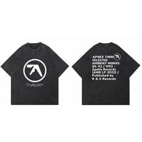 Men T-Shirt Aphex Twin Washed Black Print Cotton Graphic Oversized Korean Fashion Short Sleeve Tops Tees Y2k Streetwear Clothing S