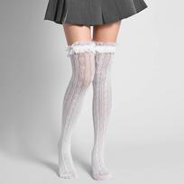 1 Pair Women's Heart Pattern Lace Thigh High Stockings Ruffle Trim Bowknot Over Knee High Socks One Size