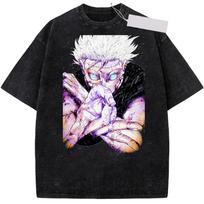 Jujutsu Kaisen Gojo Satoru Battle Stance Vintage Washed Anime T-Shirt, Unisex Dark Fantasy Anime Fan Streetwear Tee, 100% Cotton Casual Short Sleeve L