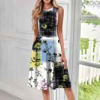 Women's Casual Fashion Floral Print Round Neck Sleeveless Color Midi Dress M
