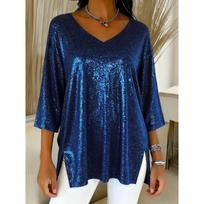 Women Glitter V Neck 3/4 Sleeve Loose Tunic Top Side Split Blouse S