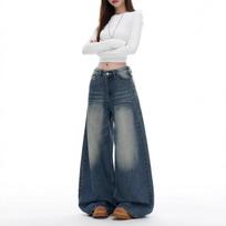 Women's Low Waist Wide Leg Jeans Loose Fit Casual Vintage Straight Denim Pants S