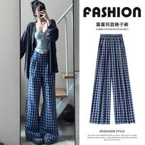 Women's High Waist Wide Leg Pants Loose Fit Plaid Trousers Straight Cut Casual Fall Drape Relaxed Bottoms S