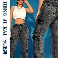 Women's High Waist Straight Leg Jeans Loose Fit Street Trendy Multi Pocket Cargo Denim Pants XS