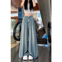 Women's Elastic Back High Waist Wide Leg Jeans Loose Urban Straight Leg Pants Summer Draped Lyocell Non Iron Washed Denim Trousers S