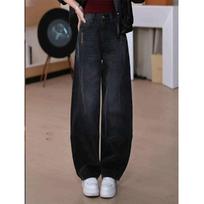 Women's High Waist Wide Leg Jeans Thick Fleece Lined Embroidered Barrel Pants Elegant Commuter Denim Trousers S
