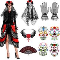 Halloween Bride Costume Accessories Set - Red and Black Lace Fan, Gloves, Necklace, Temporary Tattoos