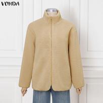 VONDA Autumn Women Long Sleeve Fluffy Zip-up Casual Loose Sweatshirts Coats S