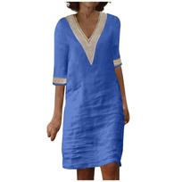 Ladies Lace Stitching V Neck Embroidered Embroidered Lace Short Sleeve Cotton Linen Dress Summer Linen Dress S