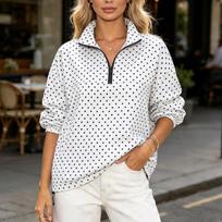 Women's Casual Long Sleeve Zip Up Sweatshirt with Collar and Polka Dot Pattern, Loose Fit Pullover M