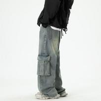 2024 Retro Hong Kong-Style Unisex Casual Distressed Blue Workwear Jeans L mėlyna