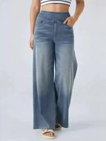 Women's Elastic Waist Wide Leg Jeans Loose Denim Pants High Stretch Urban Commuter 2025 Spring Slimming Printed Washed Long Trousers S