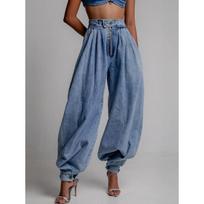 Women's High Waist Zip Front Baggy Jogger Jeans Loose Fit Vintage Cuffed Denim Trousers S