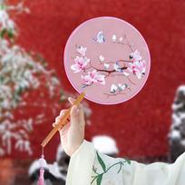 Ancient-Style Round Fan, Embroidered Round Fan, Traditional Chinese Costume Accessory, Photography Prop, Long-Handled Round Fan with Embroidery Design