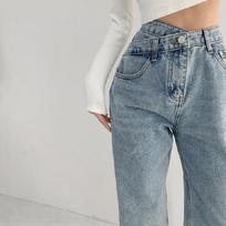 Women's Cross High Waist Wide Leg Jeans No Stretch Washed Denim Draped Straight Floor Length Baggy Casual Trousers S