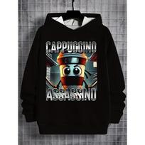 Boys' Italian Brainrot Fusion Hooded Sweatshirt Tops Funny Italian Coffee Shop Graphic Long Sleeve Pullover Children's Clothes 100