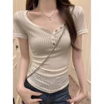 Pure Desire Hot Girl Sexy Slightly Transparent Short-Sleeved T-Shirt Women's Summer Thin Design Half-Open Collar Exposed Collarbone Short Top S
