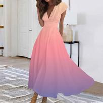 Women's Fashion Casual Pleated V-Neck Swing Ruffle Short Sleeve Drawstring  Gradient Dresses M