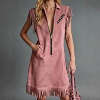 Women's Western Fringe Suede Dress Half Zip Collared Sleeveless Casual Mini Dress S