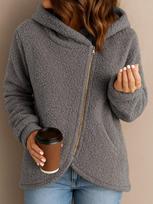 Women's Hooded Sherpa Fleece Jacket Loose Fit Streetwear Long Sleeve Asymmetric Zip Up Solid Color Mid Length Warm Winter Casual Coat S