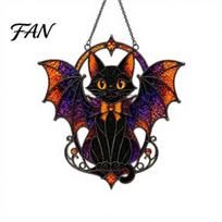Weather Resistant Garden Decoration Halloween Bat Cat Suncatcher, Stained Glass Style Acrylic Sun Catcher, Gothic Dark Aesthetic Room Decor