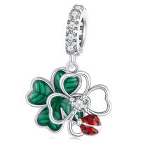 Clovers with ladybug and engraving charms silver 925 pendant beads