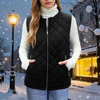 Women's Color Lined Zip Up Sleeveless Quilted Vest Jacket with Pockets L