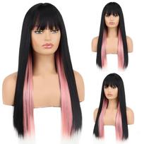 XINRAN ilgų tiesių plaukų juodas rožinis sintetinio pluošto perukas su kirpčiukais moterims Lolita Wig Cosplay kasdienis dėvėjimas 1B-97C