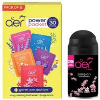 Godrej Aer Power Pocket | Air Freshener- Bathroom and Toilet | Lasts Up to 30 days | Assorted Pack of 5 (50g) & Smart Matic Refill  | Passion (225ml)