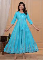 Women Designer Party Wear Printed Viscose Rayon Anarkali Kurta Gown L mėlyna