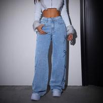Women's High Waist Wide Leg Jeans Loose Fit Vintage Bow Embroidery Spring Women Denim Trousers XS