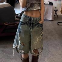 Women's High Waist Wide Leg Denim Shorts Baggy Distressed Ripped Non-Stretch American Vintage Streetwear Summer 5-Point Casual Bottoms S