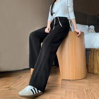 Women's High Waist Drawstring Wide Leg Pants Loose Fit Elegant Commuter Trousers With Pockets Fall Thick Polyester Casual Pants M
