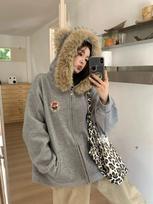 Women's Hooded Zip Up Sweatshirt Oversized Faux Fur Bear Ear Hoodie Cartoon Patch Long Sleeve Casual Korean Winter Fleece Outerwear S