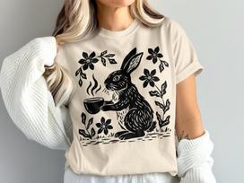 Whimsical Rabbit T-Shirt, Linocut Style Bunny with Steaming Cup, Nature Lover Art Tee, Cottagecore Woodland Animal Gift, Coffee Tea Drinker L