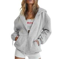 Fashion Gray Zip Up Sweatshirt Women Autumn Winter Jacket Clothes Hoodies Daily Pockets Long Sleeve Solid Versatile Lady Hoodies XS