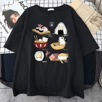 Unisex summer cotton short-sleeved gourmet cute cat sushi cartoon style Harajuku casual full math oversized fashion T-shirt 4XL