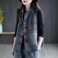 Contrasting Color Patchwork with Raw Edges Hooded Vest Women's Loose Skinned Denim Waistcoat Casual Denim Vest Plus Size XXXXL