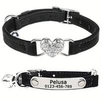 Dirbtinių deimantų atsegamas kačių antkaklis - Personalizuotas saugos antkaklis su širdimi. Reguliuojamas, Patvarus. Nemokamas pristatymas! juoda