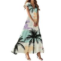 Women's Summer Casual Fashion Beach Printed Dresses V-Neck Short Sleeve Dresses M