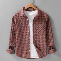 Men's Textured Checkered Patch Pocket Long Sleeve Button Down Shirt Casual Streetwear Top S