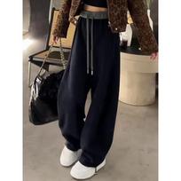 Women's High-Waisted Color-Block Wide-Leg Sweatpants, Plus Size, Fleece-Lined, Slimming, Autumn/Winter Style for Pear-Shaped Figures S