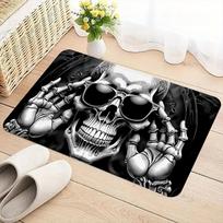 Gothic Skull Skeleton Doormat Black White Rug, Edgy Artistic Machine Washable Polyester Door Carpet for Bold Home Decor 40x60cm