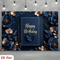 2D Elegant Birthday Backdrop, Navy Blue Flowers & Gold Accents Photography Background Banner 47.2x31.5inch/120*80cm